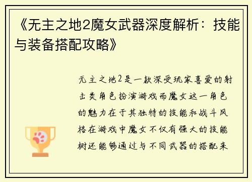 《无主之地2魔女武器深度解析：技能与装备搭配攻略》